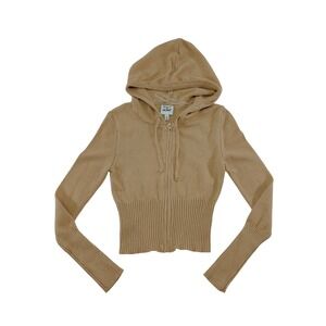 Planet Heart Womens Tan Cropped Zip Up Knit Hoodie Sweater Ribbed Size S
